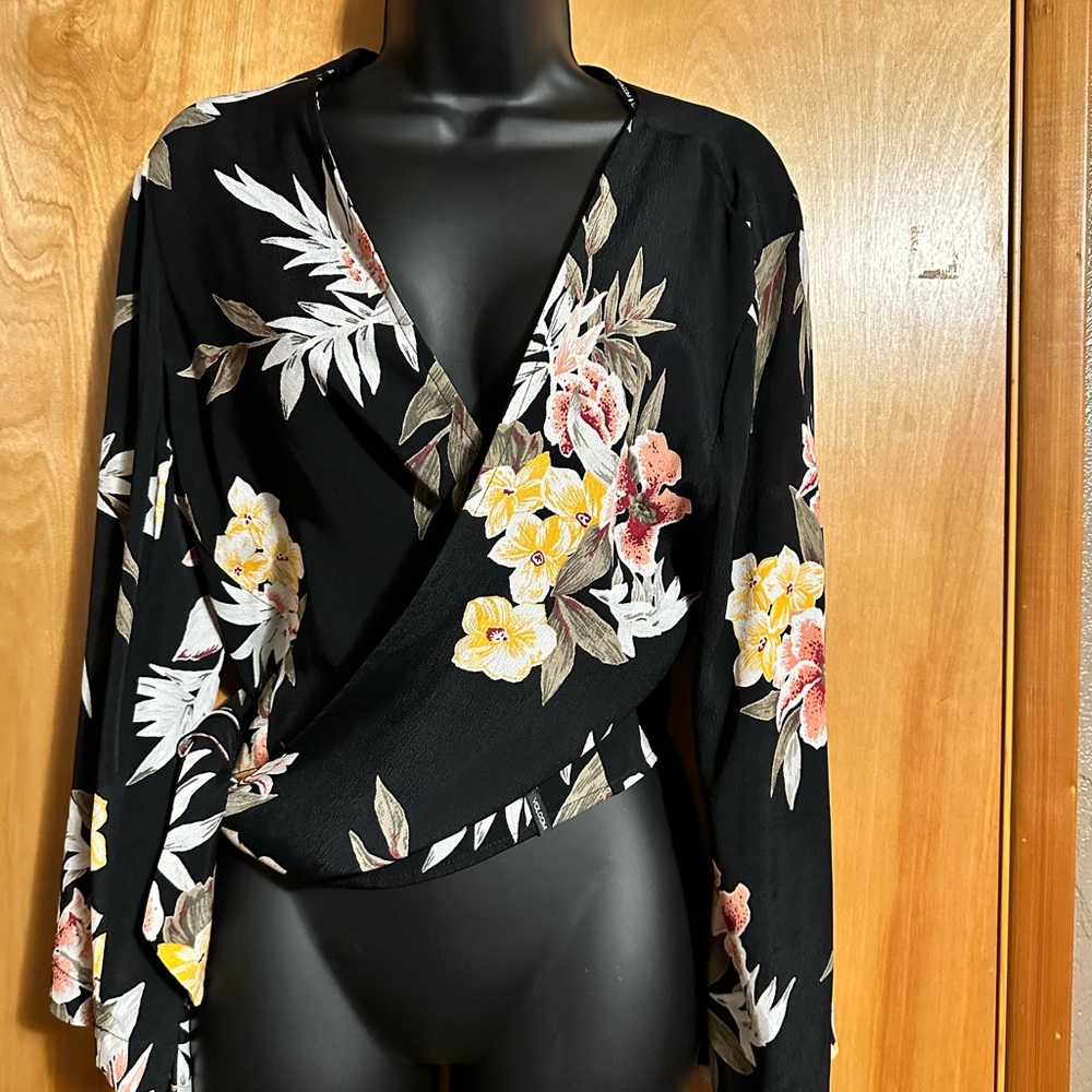 Volcom Black Floral Wrap Blouse